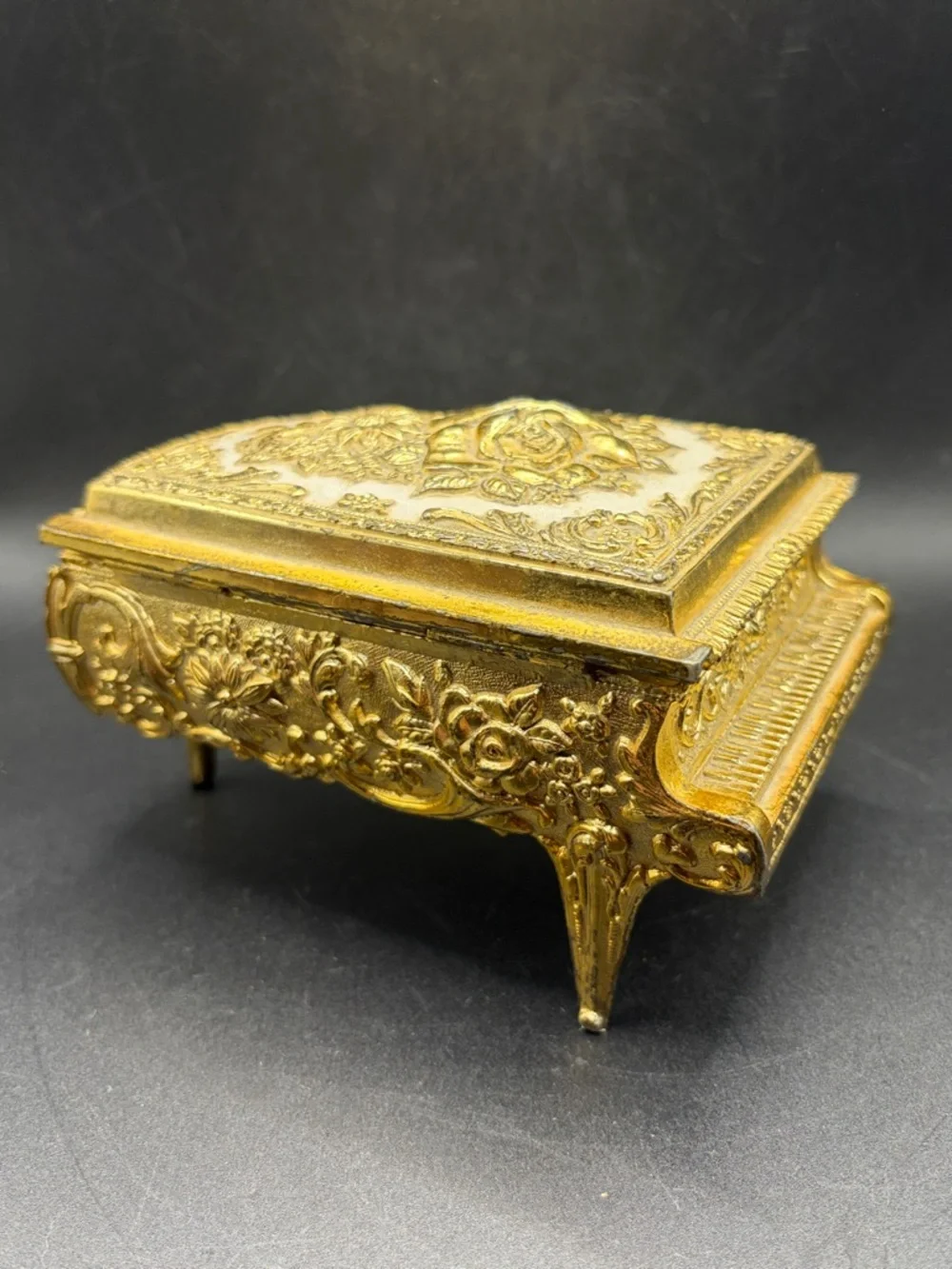 Vintage Grand Piano Gold Tone Rose Floral Hinged Jewelry Box Trinket Box, Japan